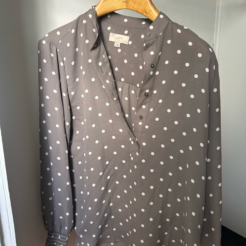 LOFT Charcoal Blouse with White Dots
